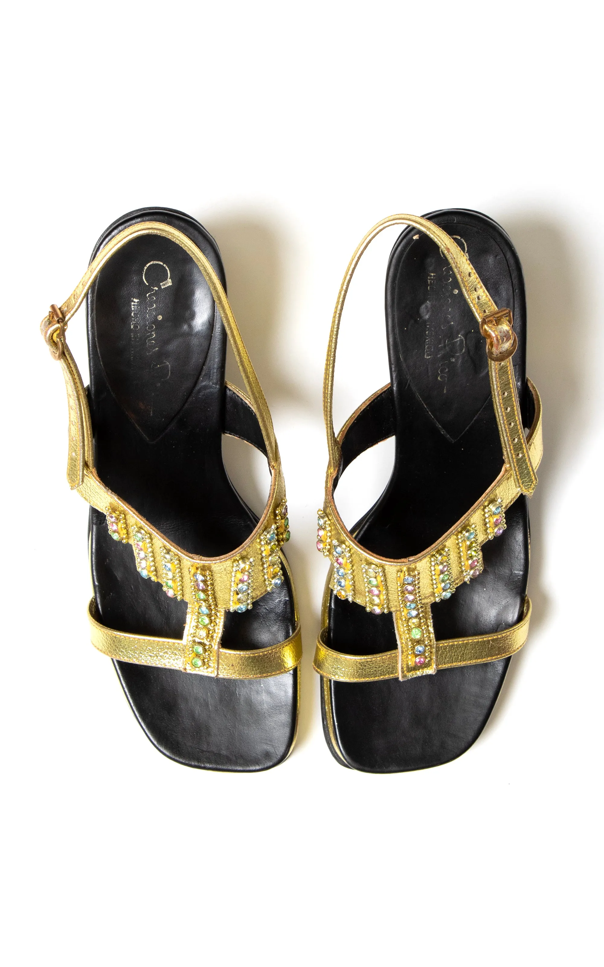 1960s Rhinestone Jeweled Gold Platform Sandals | size US 6
