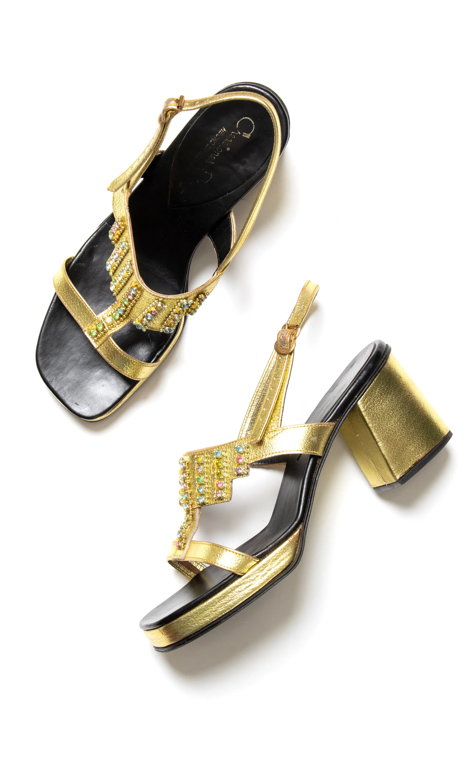 1960s Rhinestone Jeweled Gold Platform Sandals | size US 6
