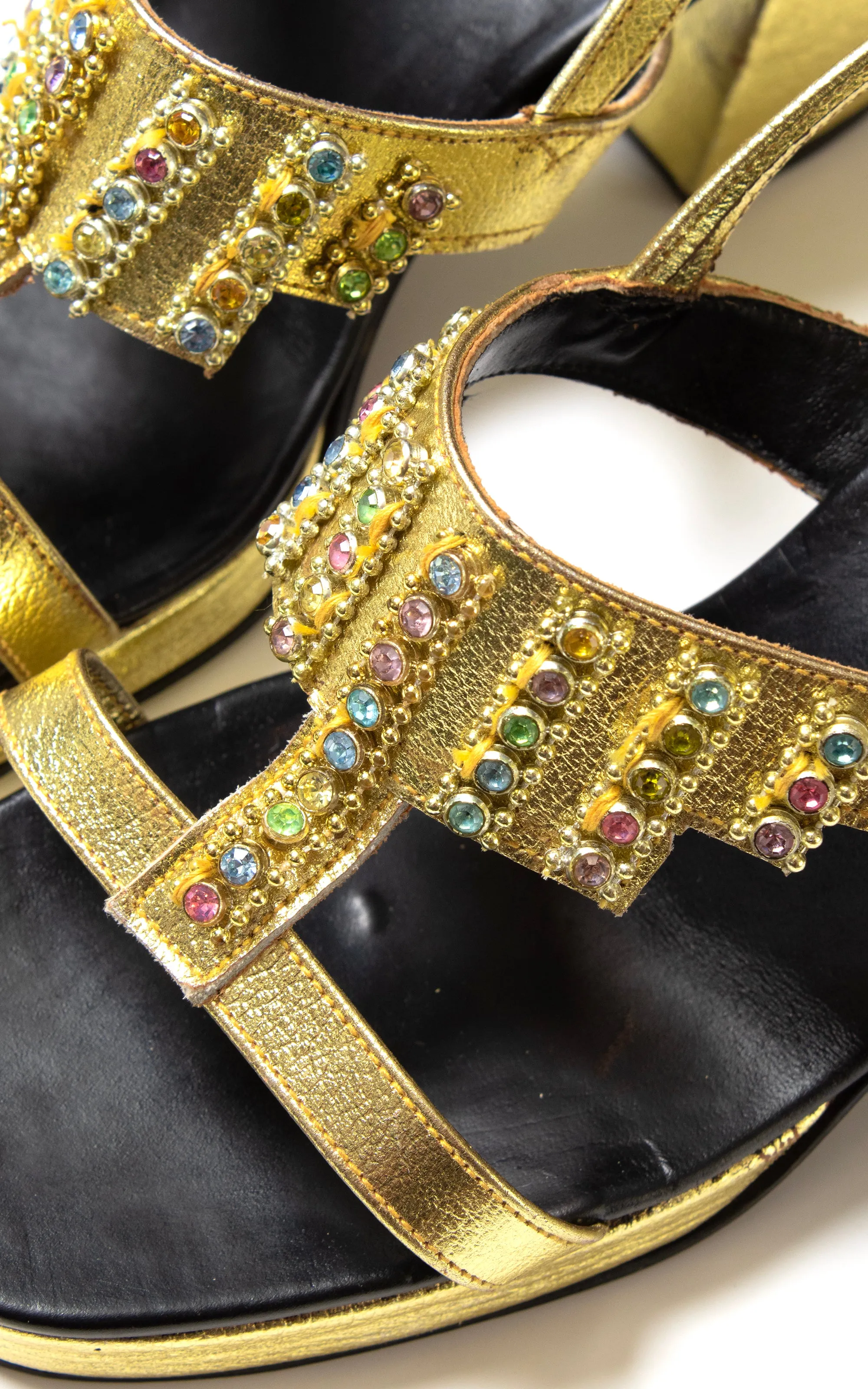1960s Rhinestone Jeweled Gold Platform Sandals | size US 6