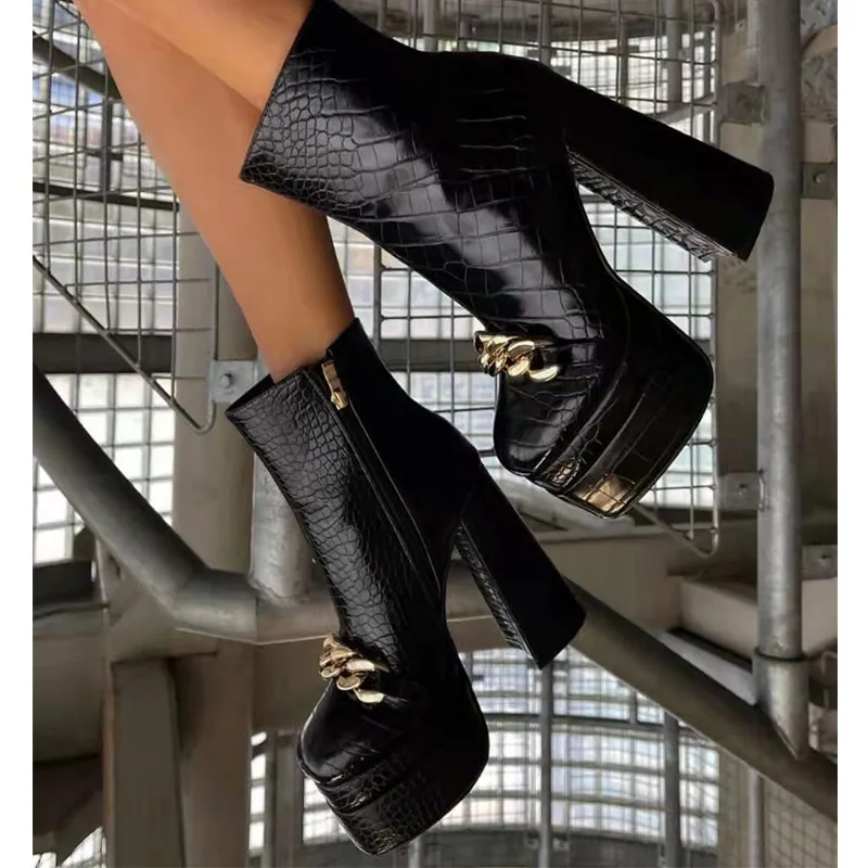 Bigsizeheels Platform super high heel sexy short boots - Black