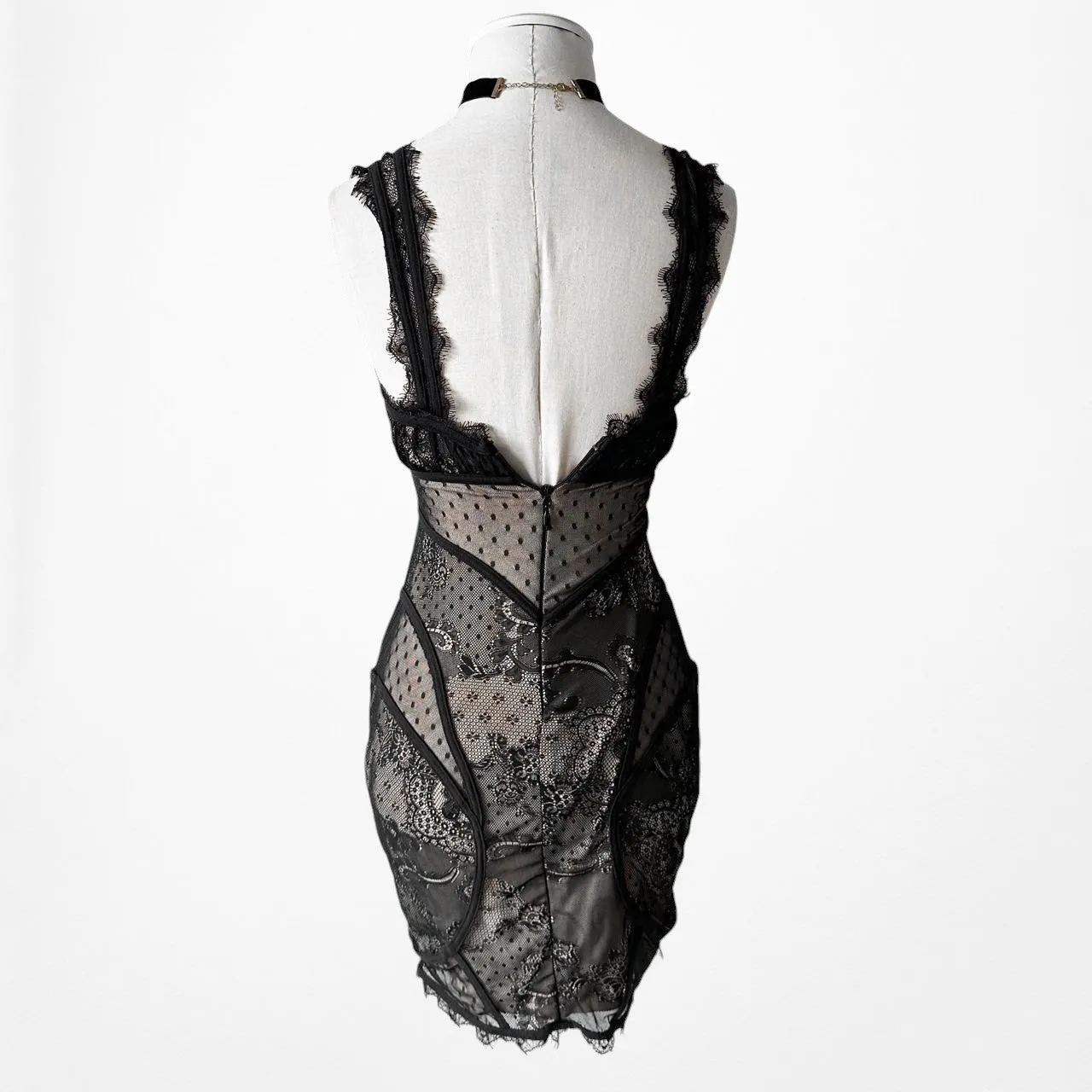 Black Lace Mesh Bodycon Corset Bustier Style Mini Dress Size XS/S
