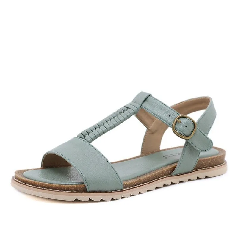 Cuzcare Women Retro Flat Sandals Supportive T-strap Buckle Summer Fashion 2023