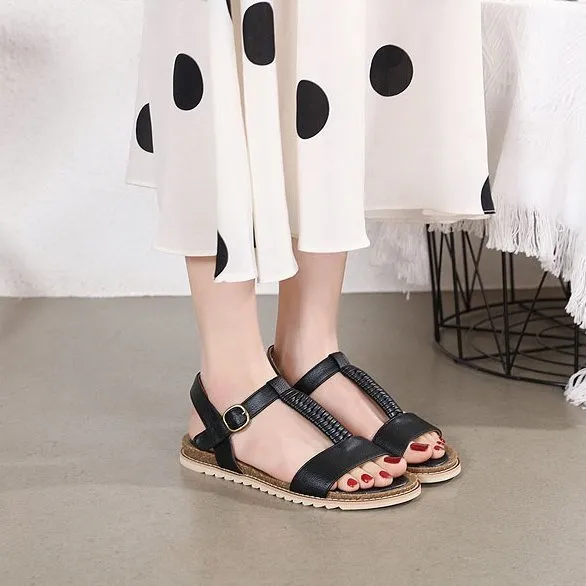 Cuzcare Women Retro Flat Sandals Supportive T-strap Buckle Summer Fashion 2023