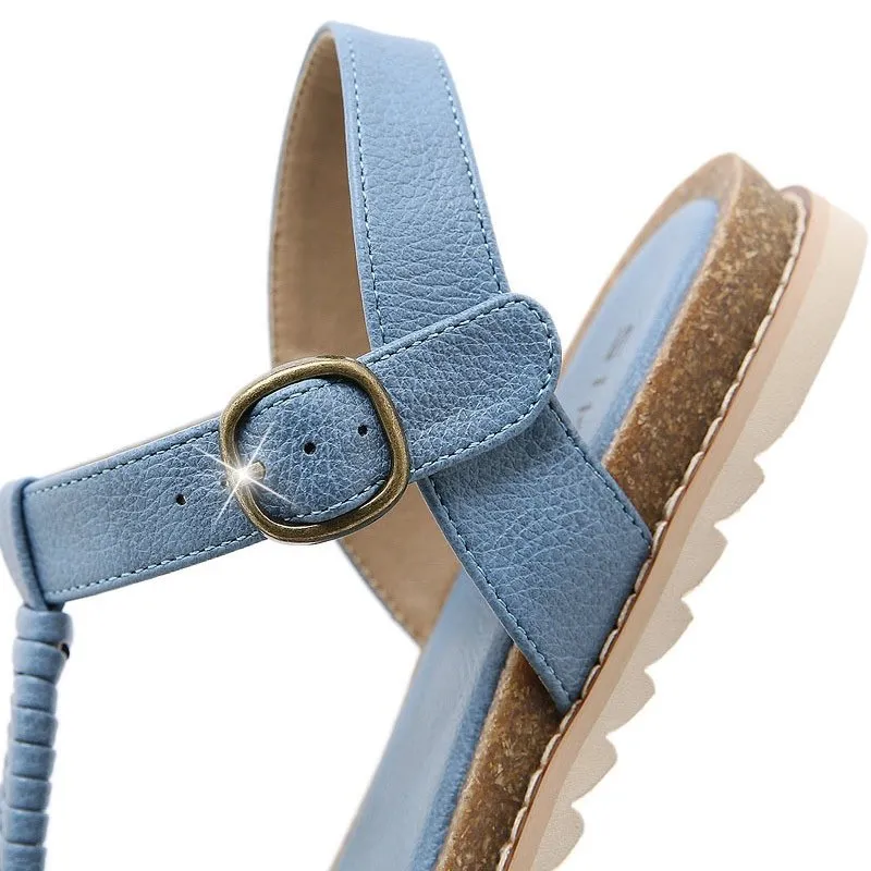Cuzcare Women Retro Flat Sandals Supportive T-strap Buckle Summer Fashion 2023