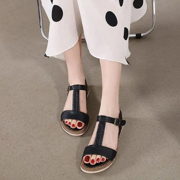 Cuzcare Women Retro Flat Sandals Supportive T-strap Buckle Summer Fashion 2023