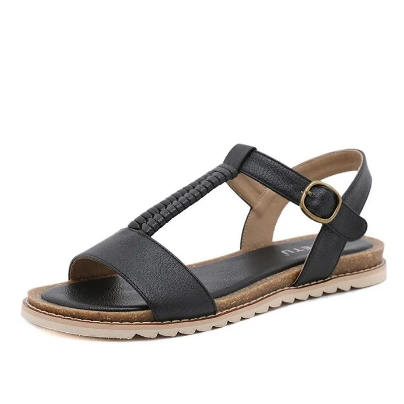 Cuzcare Women Retro Flat Sandals Supportive T-strap Buckle Summer Fashion 2023