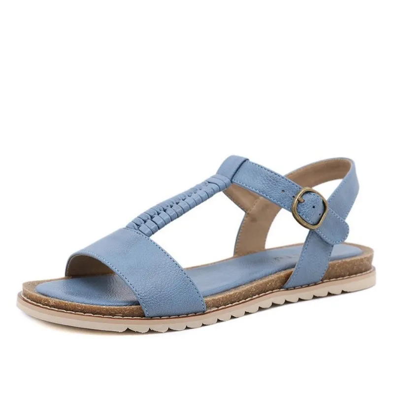 Cuzcare Women Retro Flat Sandals Supportive T-strap Buckle Summer Fashion 2023