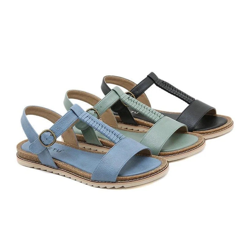 Cuzcare Women Retro Flat Sandals Supportive T-strap Buckle Summer Fashion 2023