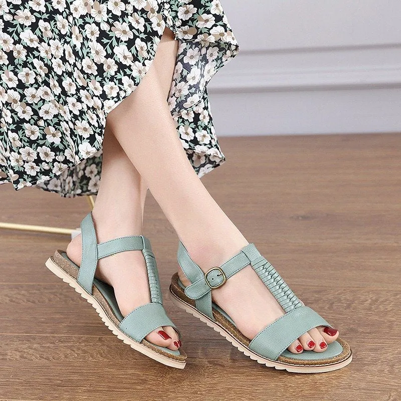 Cuzcare Women Retro Flat Sandals Supportive T-strap Buckle Summer Fashion 2023