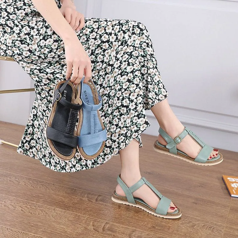 Cuzcare Women Retro Flat Sandals Supportive T-strap Buckle Summer Fashion 2023