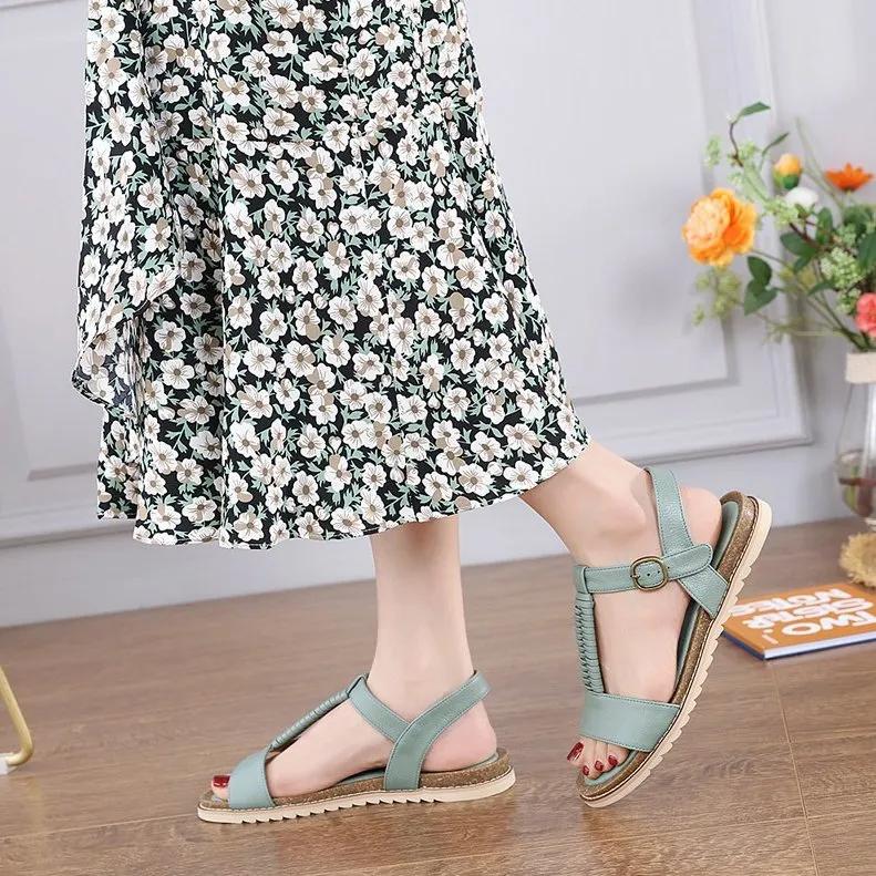 Cuzcare Women Retro Flat Sandals Supportive T-strap Buckle Summer Fashion 2023