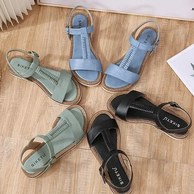 Cuzcare Women Retro Flat Sandals Supportive T-strap Buckle Summer Fashion 2023