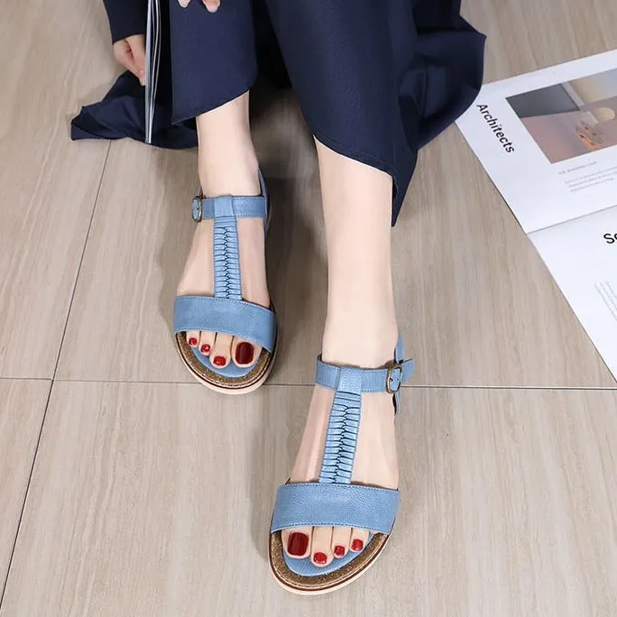 Cuzcare Women Retro Flat Sandals Supportive T-strap Buckle Summer Fashion 2023