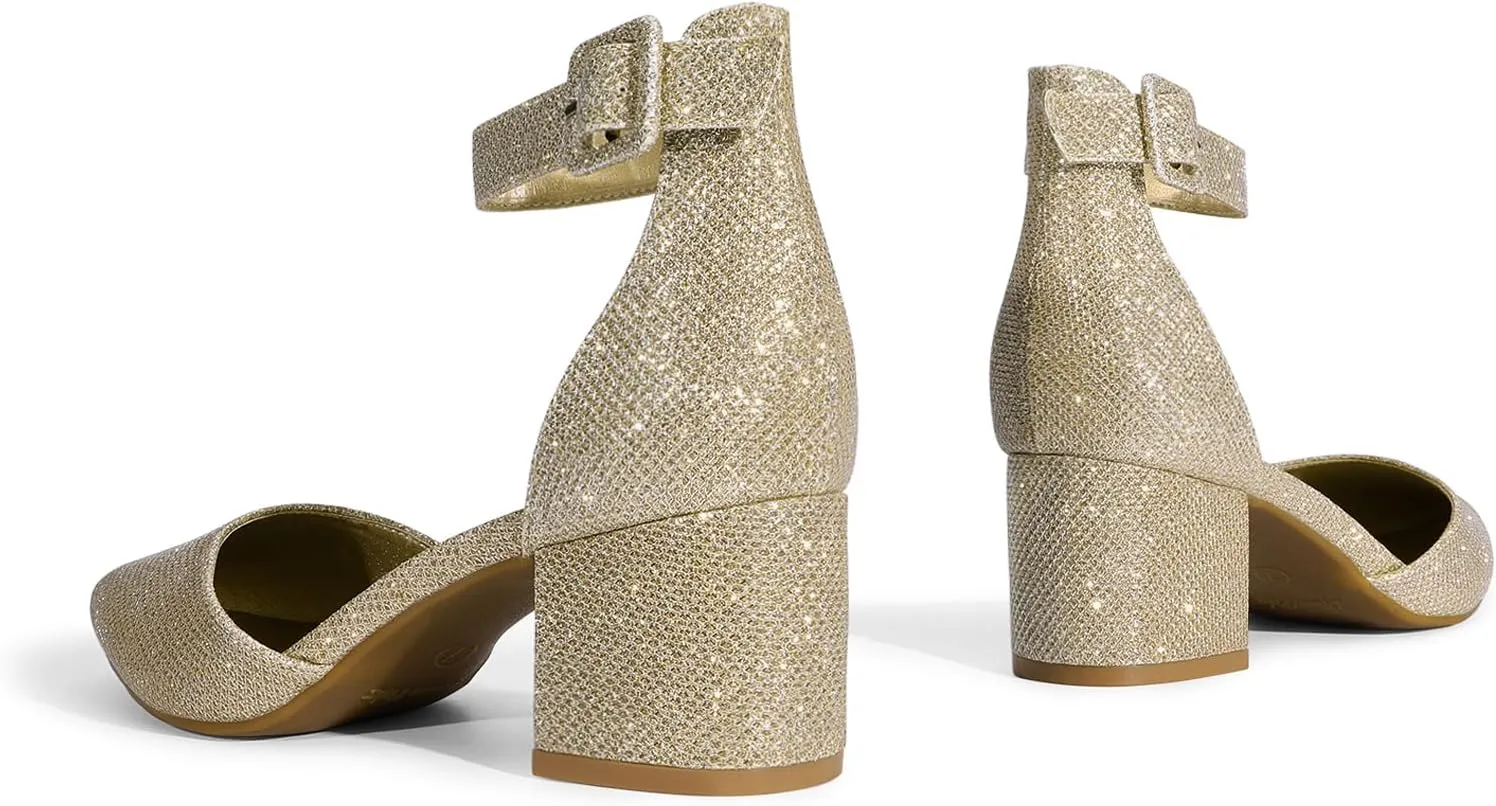 DREAM PAIRS ANNEE Heels Pumps Rhinestone Closed Toe Block Chunky Shoes