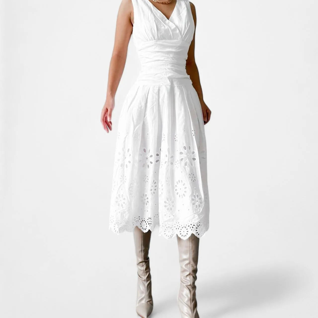 Dressbarn White Lace Knee Length VNeck Sundress Flared Skater Dress Size 6/S