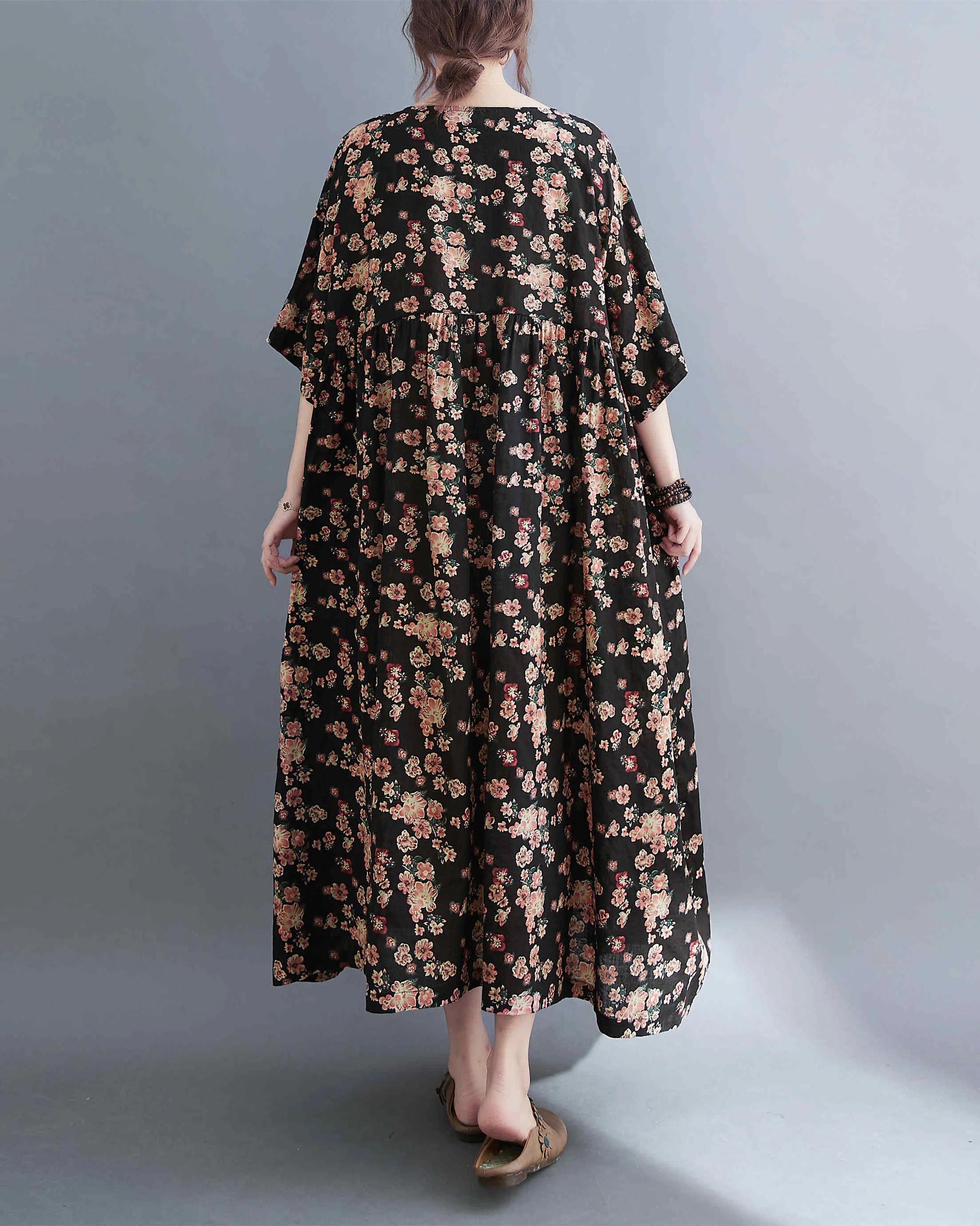 ellazhu Women Casual Loose Midi Florals Print Short Sleeve Crewneck Dress GA2526