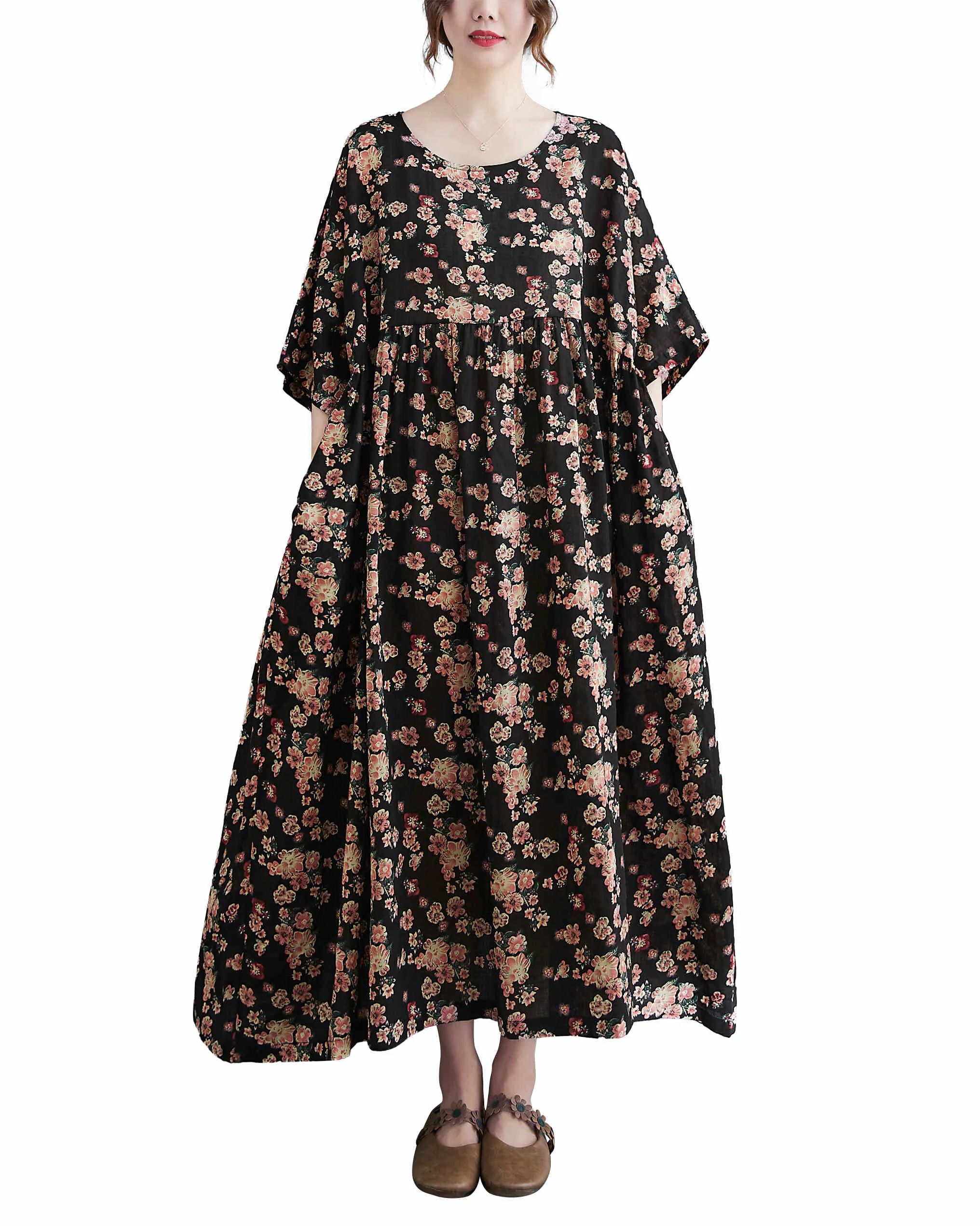 ellazhu Women Casual Loose Midi Florals Print Short Sleeve Crewneck Dress GA2526