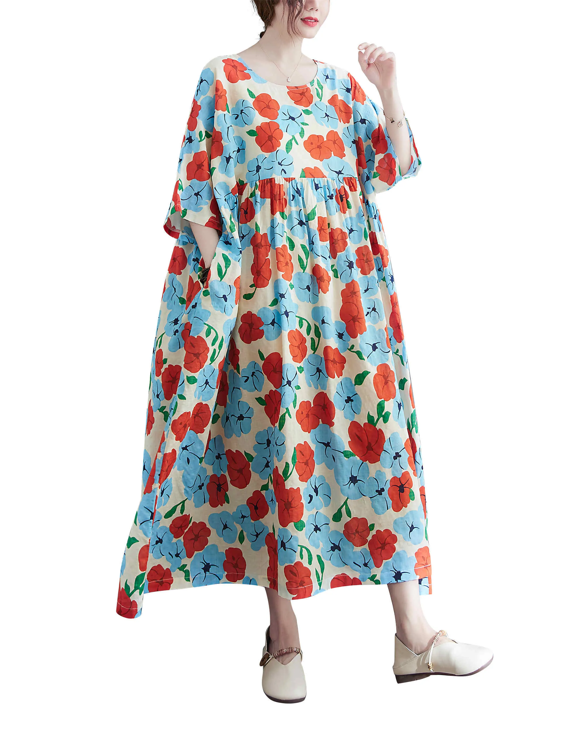 ellazhu Women Casual Loose Midi Florals Print Short Sleeve Crewneck Dress GA2526