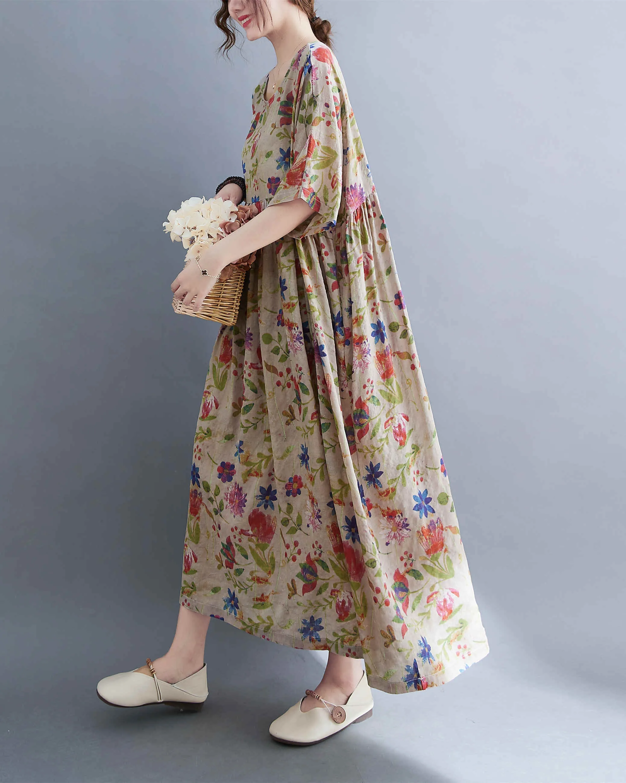 ellazhu Women Casual Loose Midi Florals Print Short Sleeve Crewneck Dress GA2526