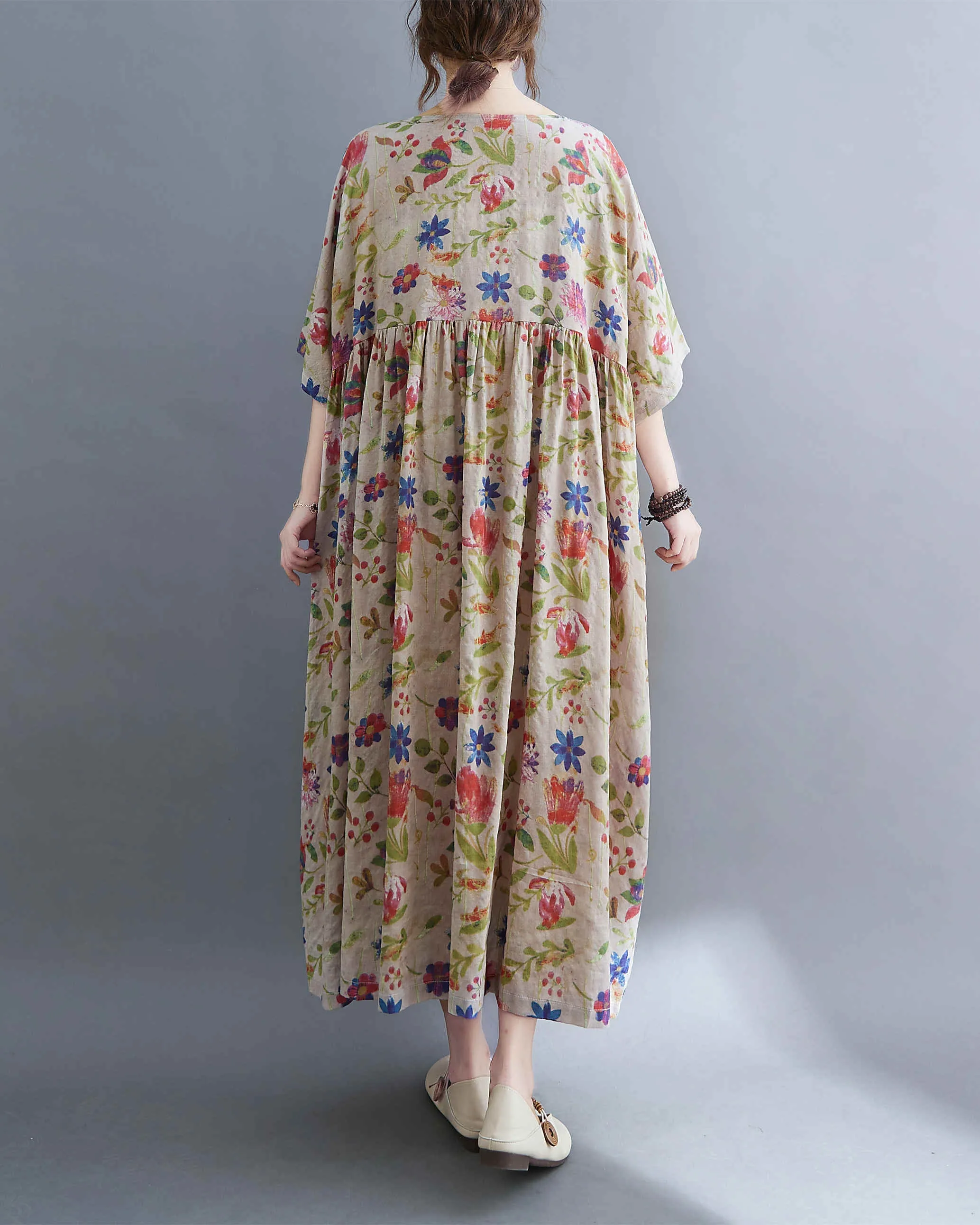 ellazhu Women Casual Loose Midi Florals Print Short Sleeve Crewneck Dress GA2526