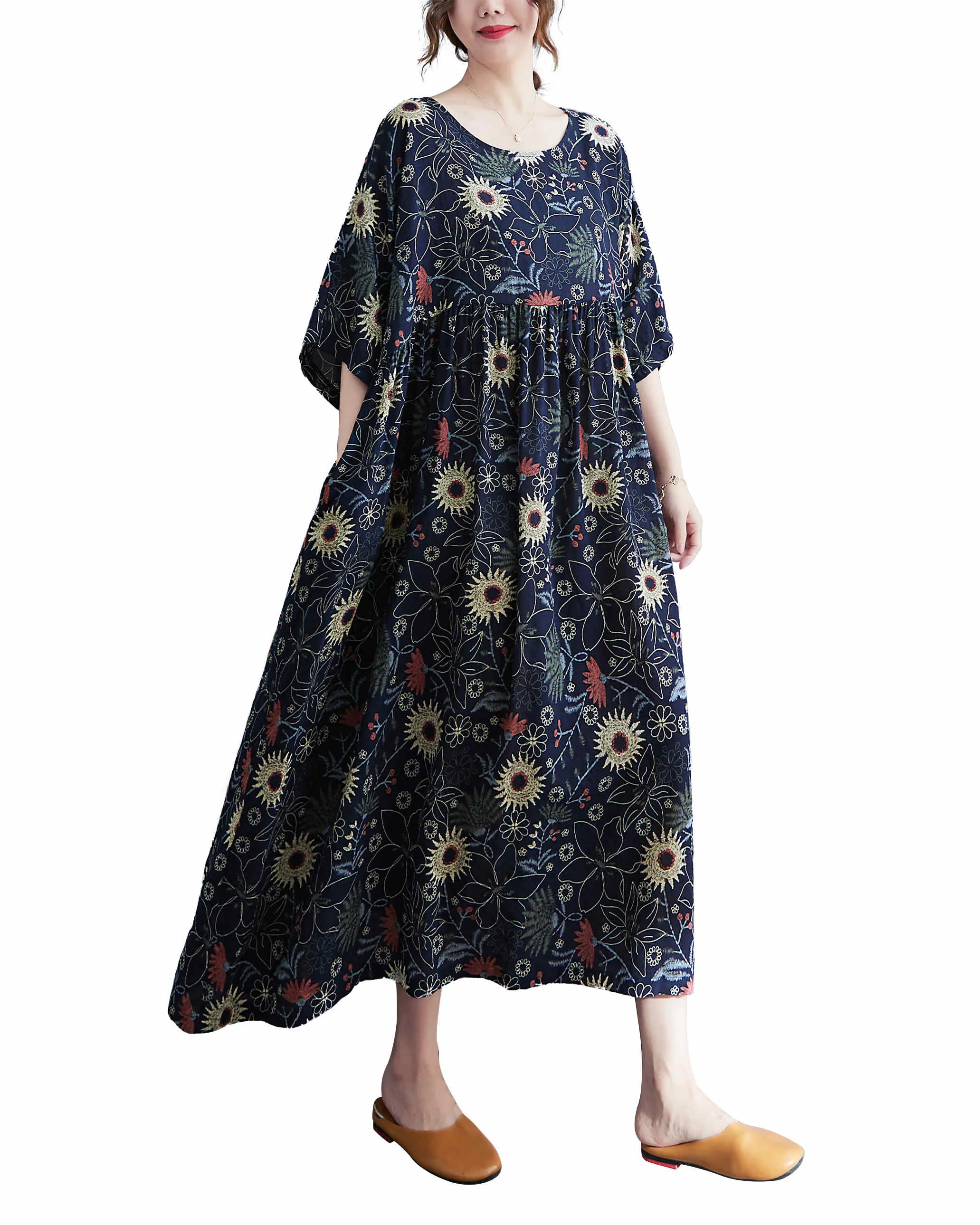 ellazhu Women Casual Loose Midi Florals Print Short Sleeve Crewneck Dress GA2526