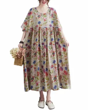 ellazhu Women Casual Loose Midi Florals Print Short Sleeve Crewneck Dress GA2526