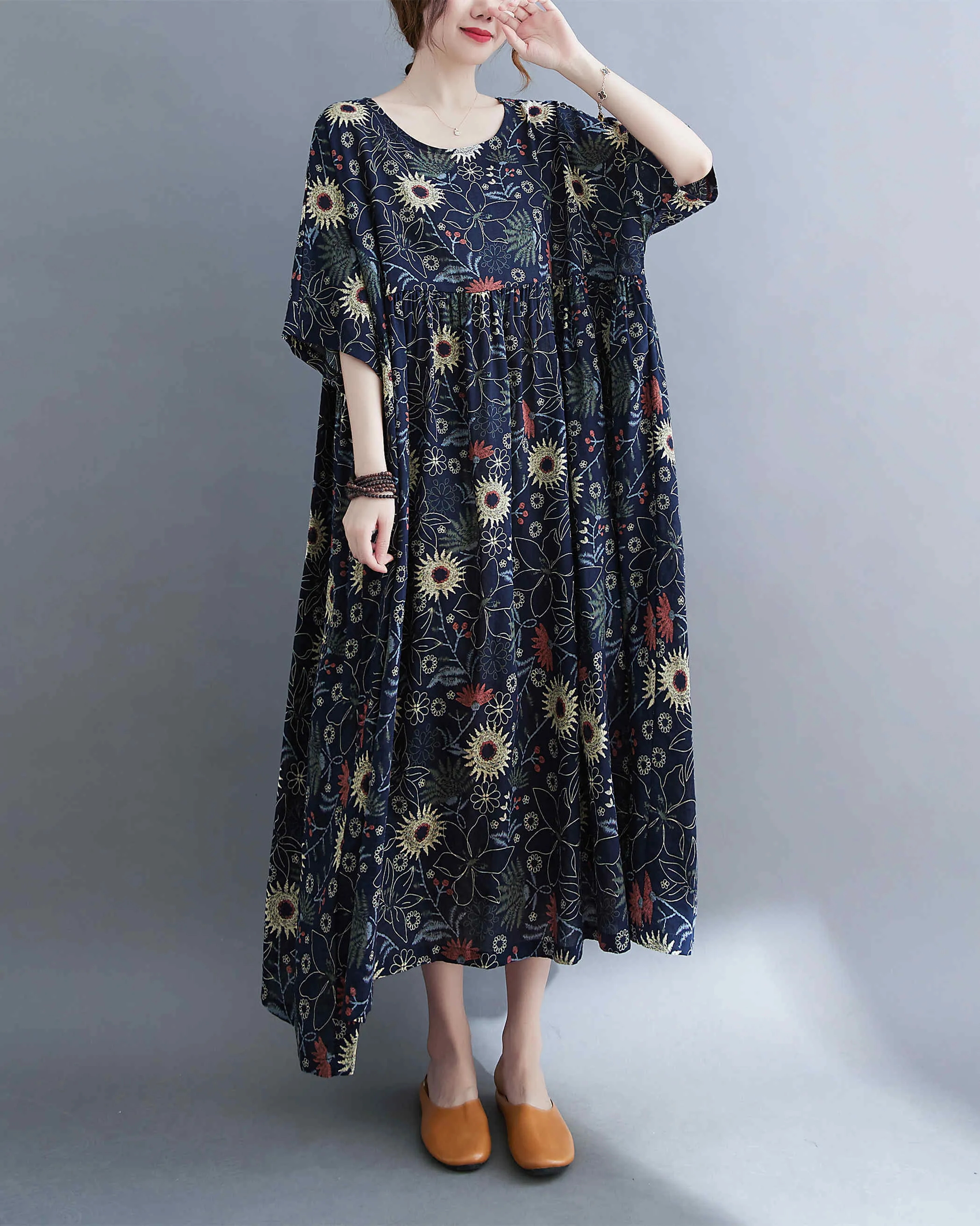 ellazhu Women Casual Loose Midi Florals Print Short Sleeve Crewneck Dress GA2526