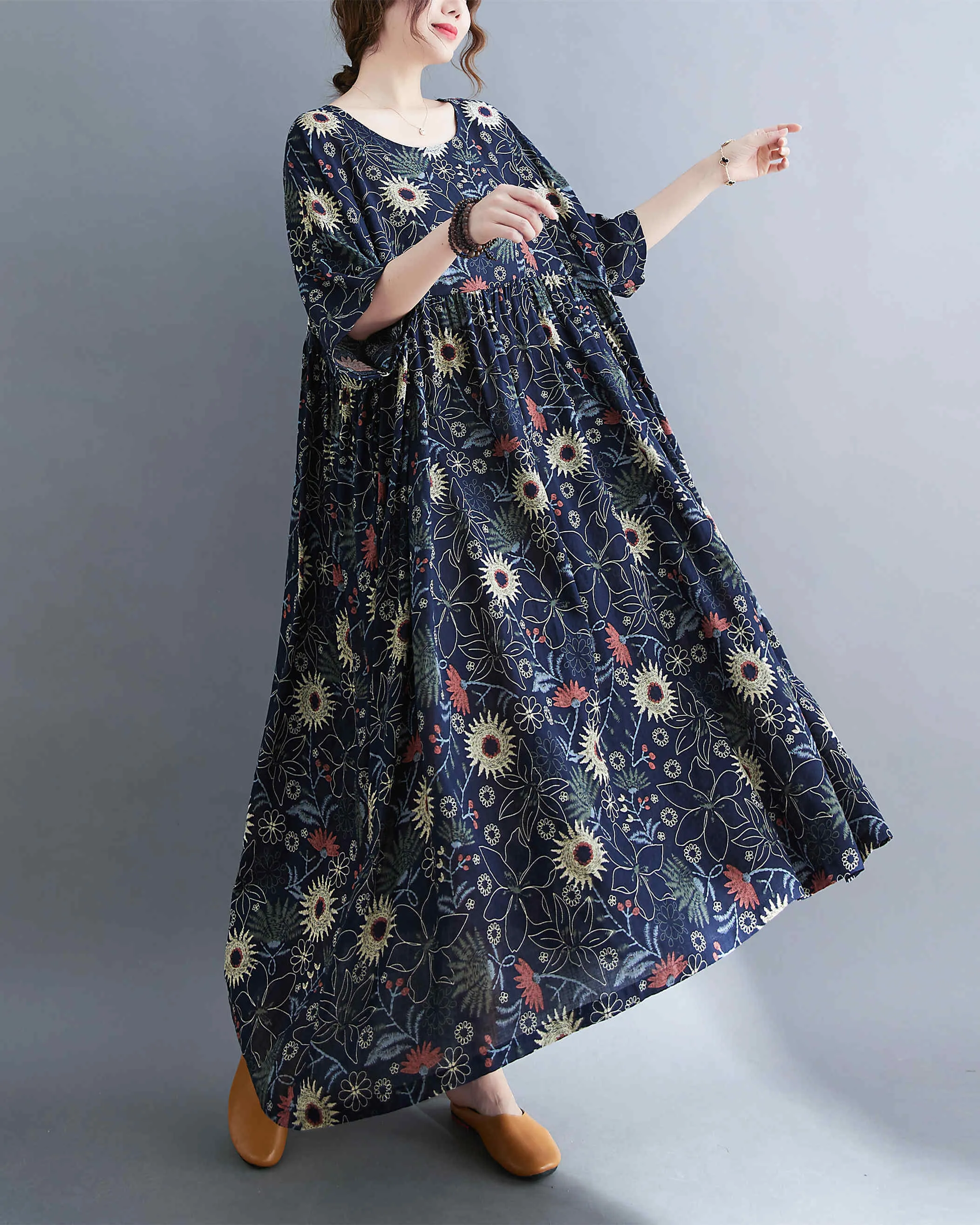 ellazhu Women Casual Loose Midi Florals Print Short Sleeve Crewneck Dress GA2526