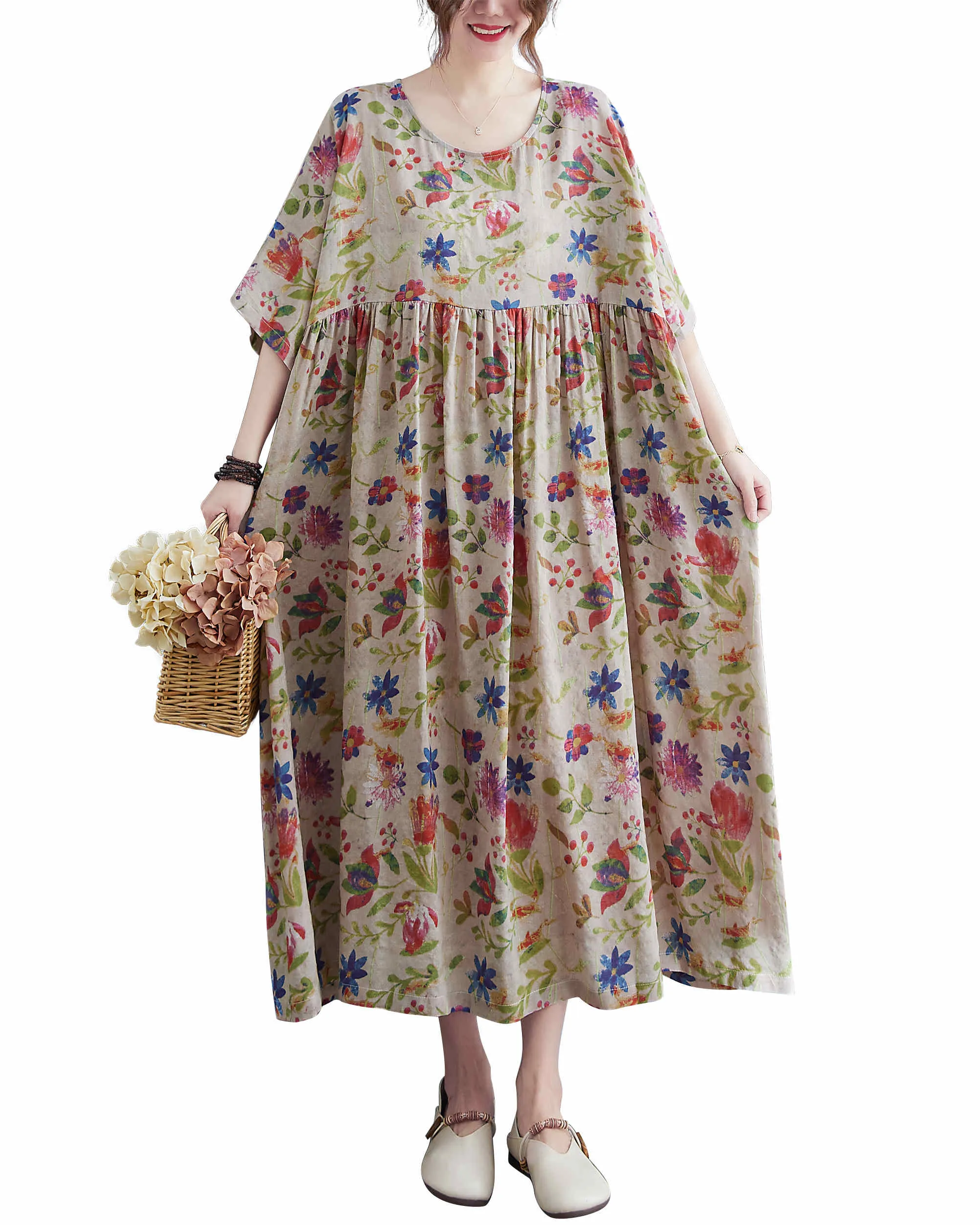 ellazhu Women Casual Loose Midi Florals Print Short Sleeve Crewneck Dress GA2526