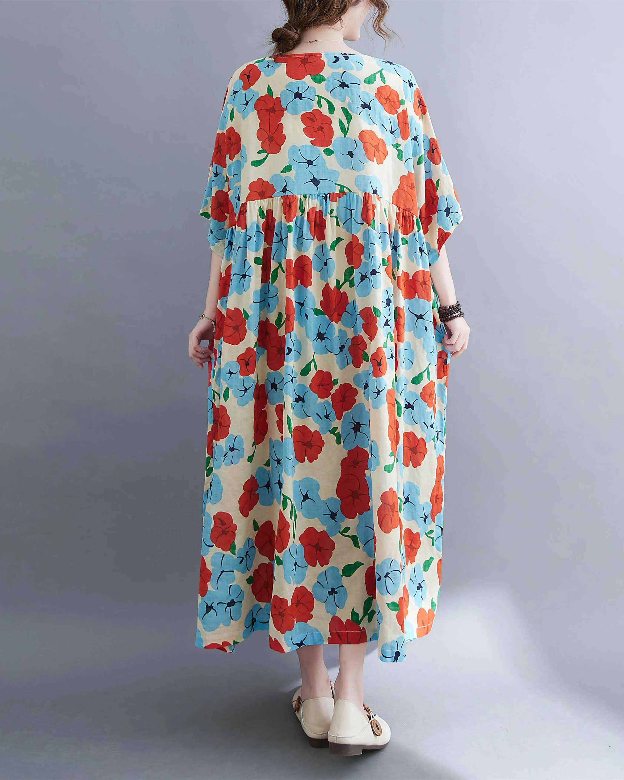 ellazhu Women Casual Loose Midi Florals Print Short Sleeve Crewneck Dress GA2526