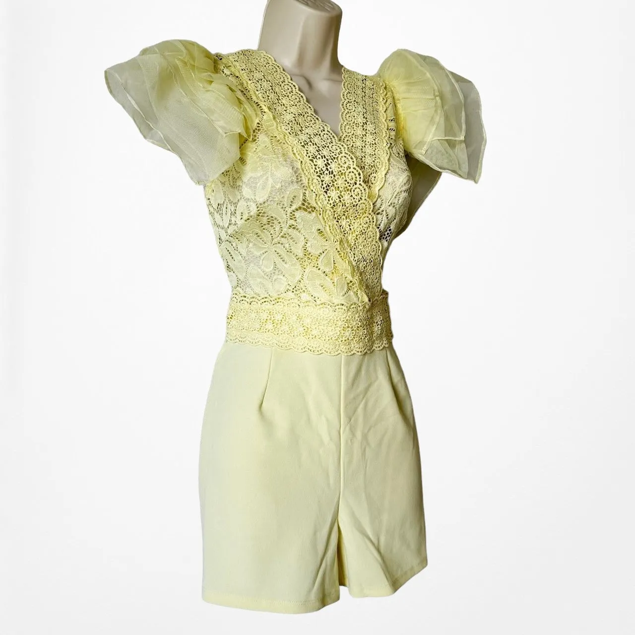 Fashion Nova Yellow Ruffle Lace Floral Romper Dress Size M