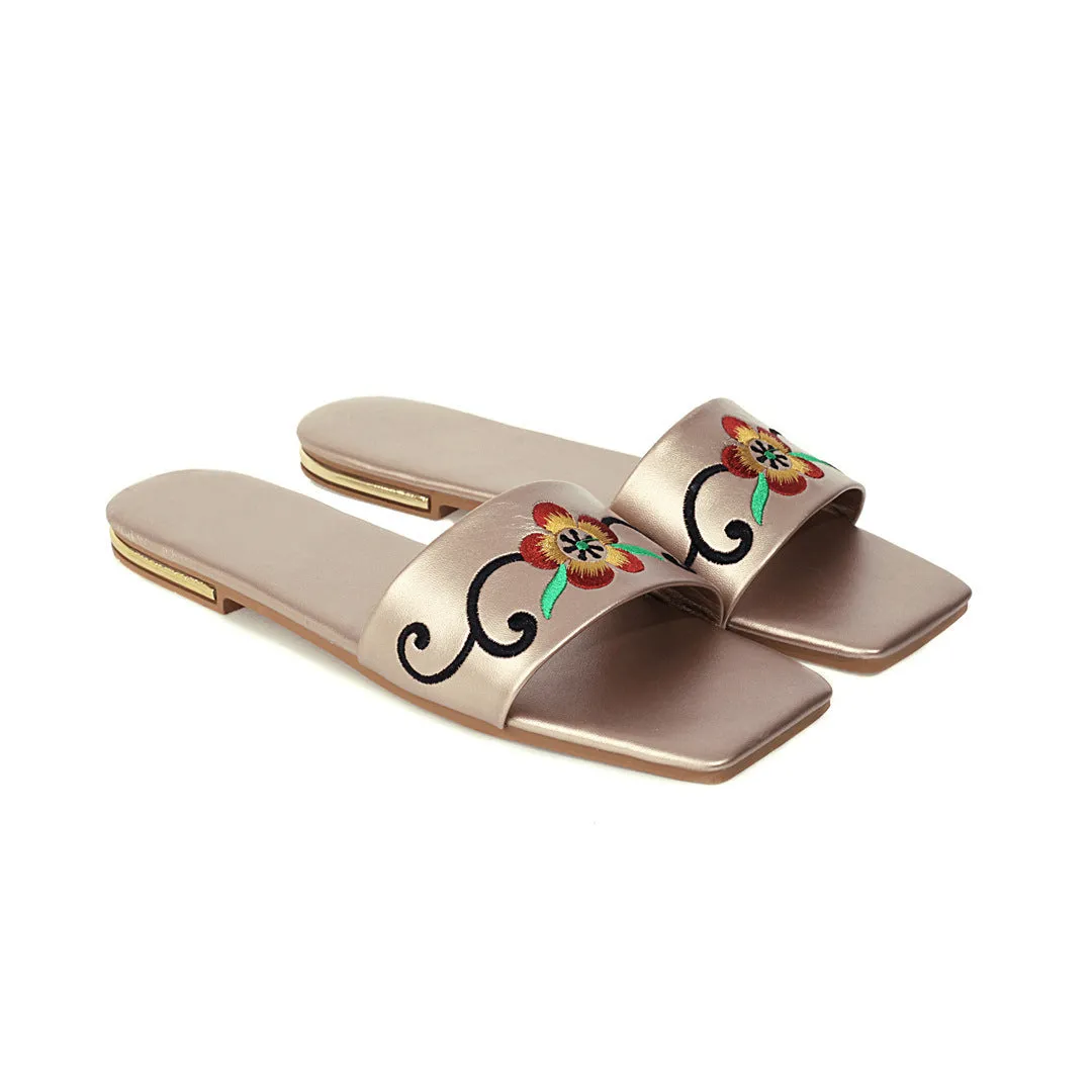 Flat Dress Sandals Low Heel Embroidered Flower Cutout Square Toe Sandals