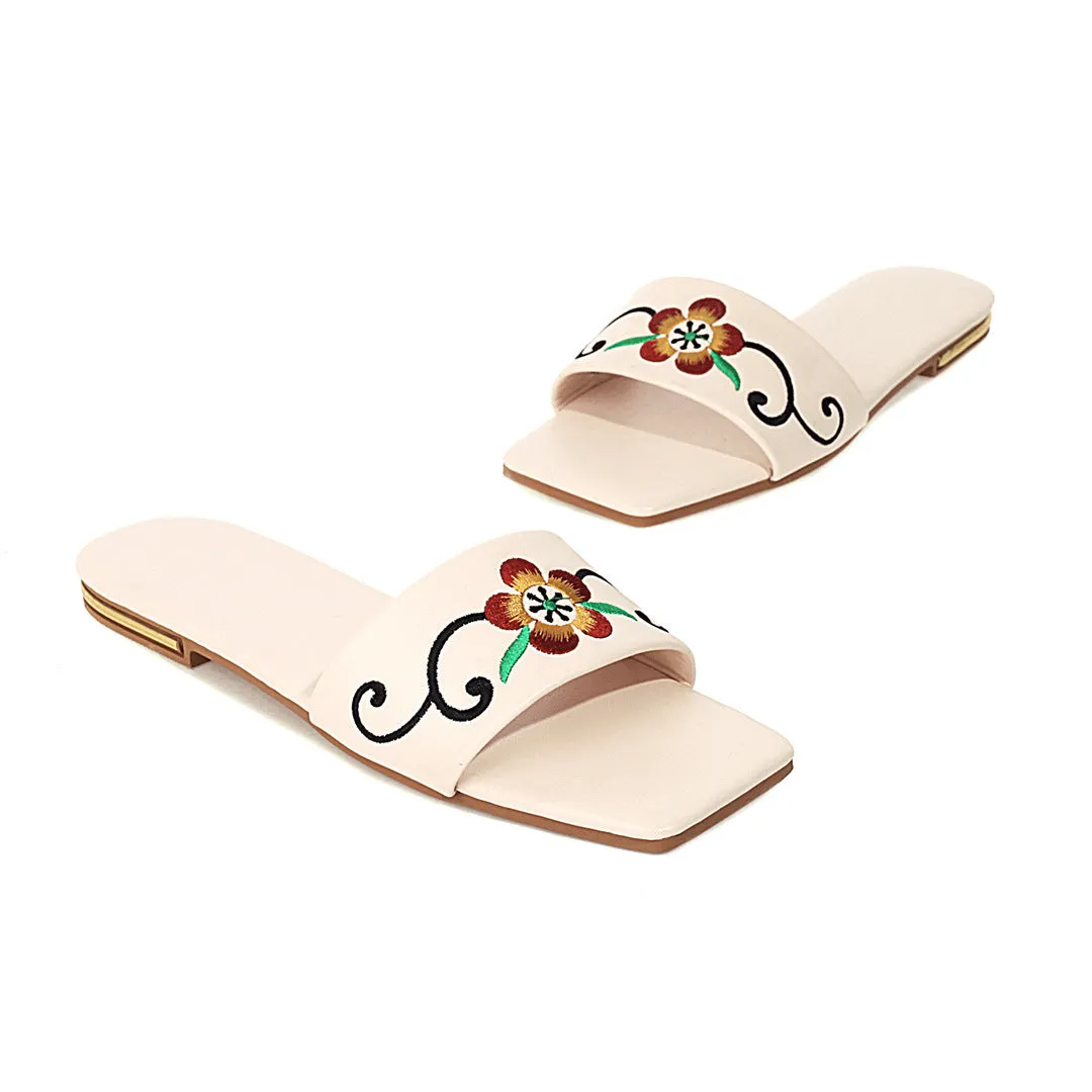 Flat Dress Sandals Low Heel Embroidered Flower Cutout Square Toe Sandals