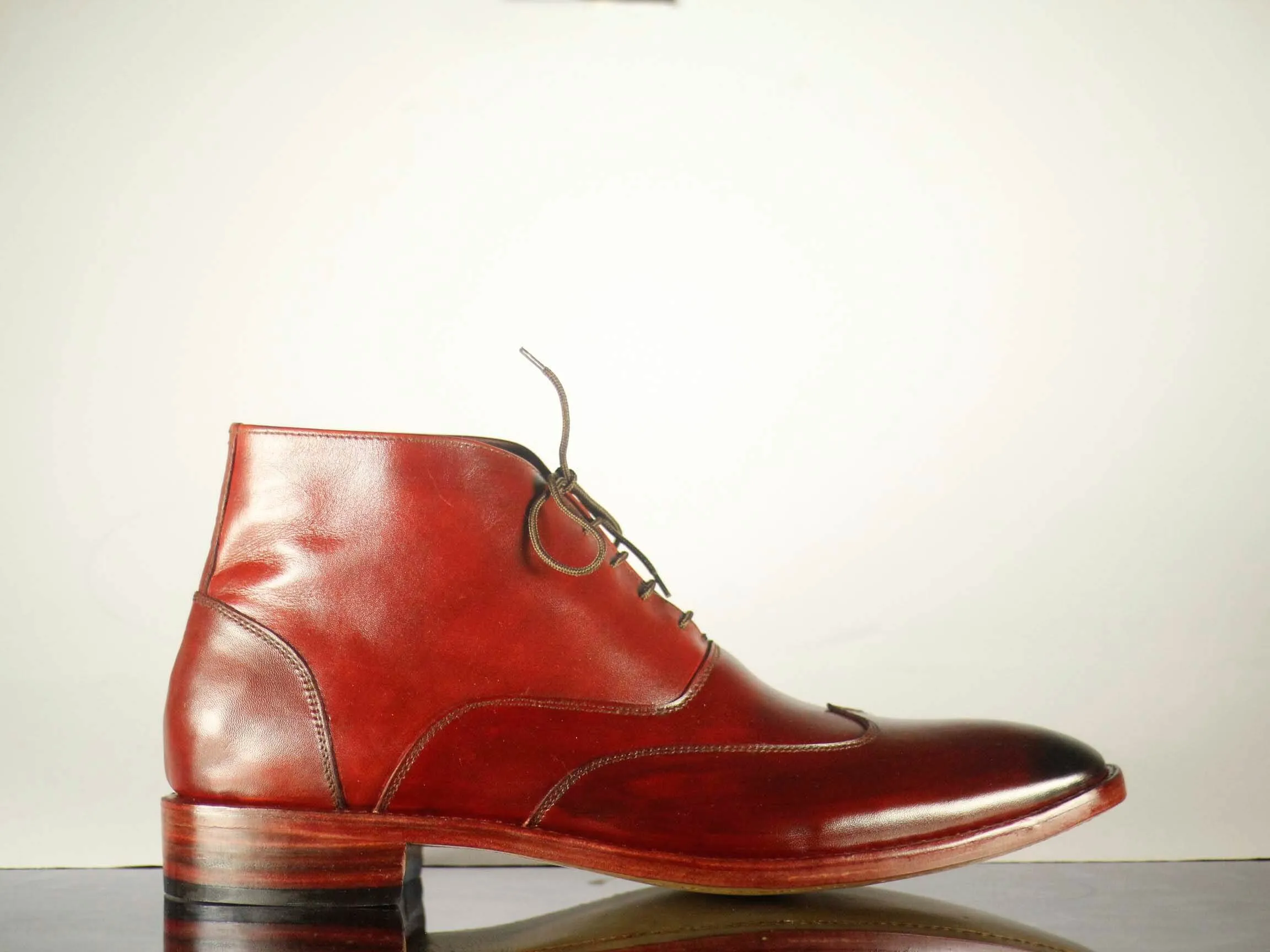 Handmade Men's Burgundy Leather Wing Tip Lace Up Boots, Men Ankle Boots, Men Designer Fashion Boots