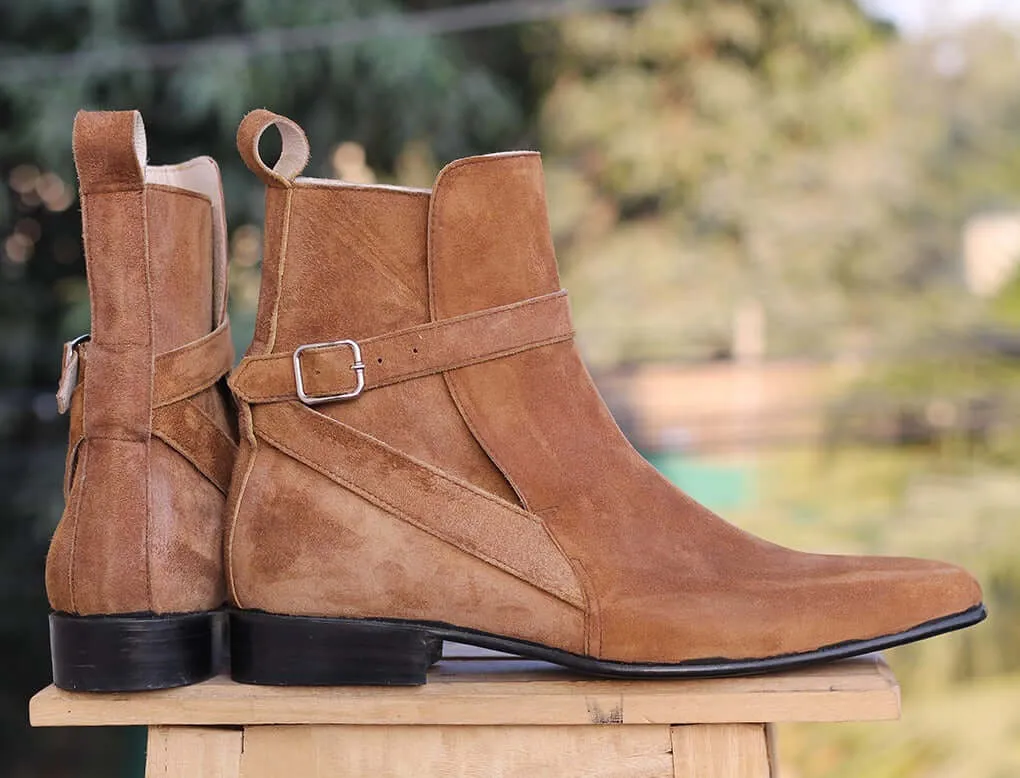 Men's Handmade Brown Color Suede Ankle High Loop Buckle Fashion Dress Boots