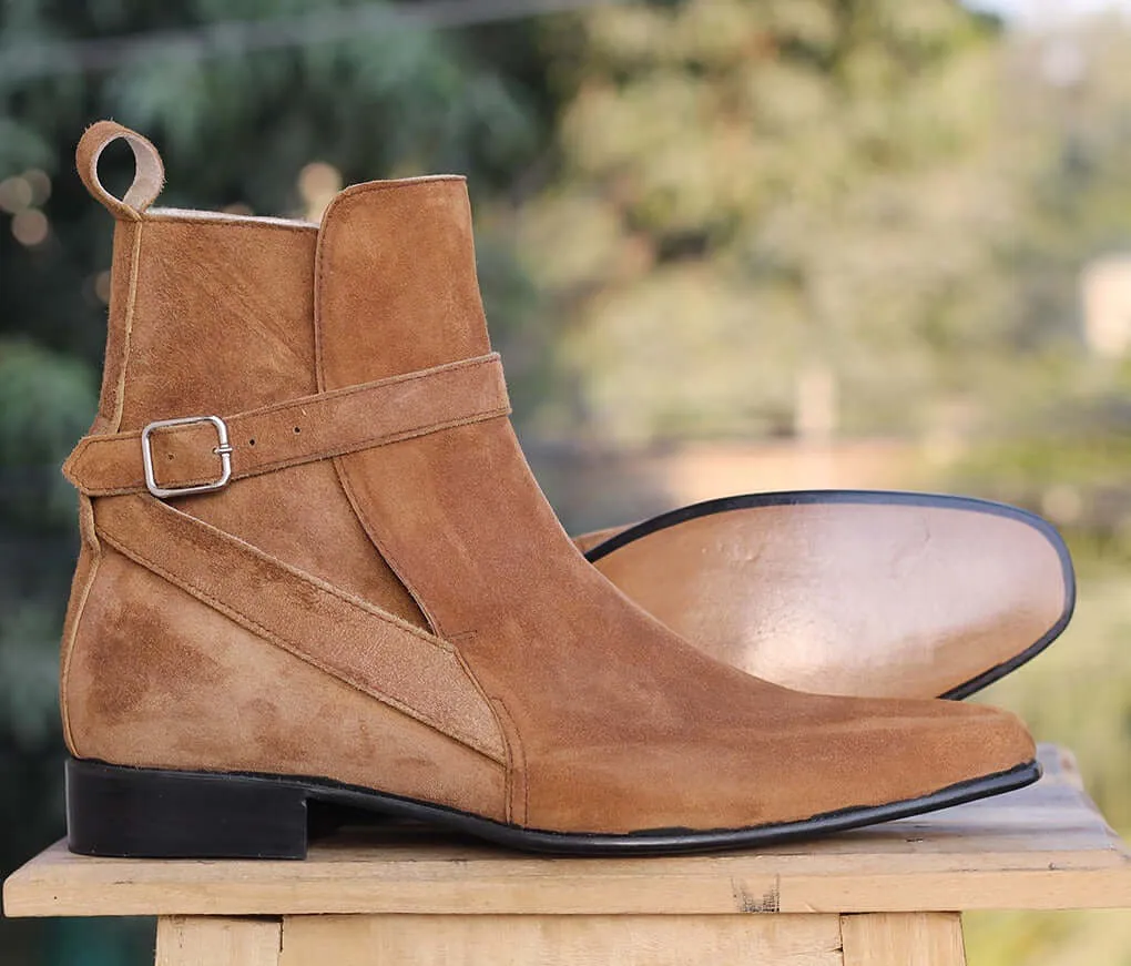 Men's Handmade Brown Color Suede Ankle High Loop Buckle Fashion Dress Boots