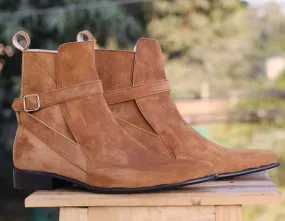 Men's Handmade Brown Color Suede Ankle High Loop Buckle Fashion Dress Boots