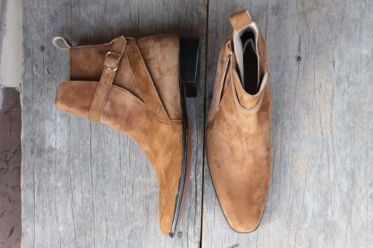 Men's Handmade Brown Color Suede Ankle High Loop Buckle Fashion Dress Boots