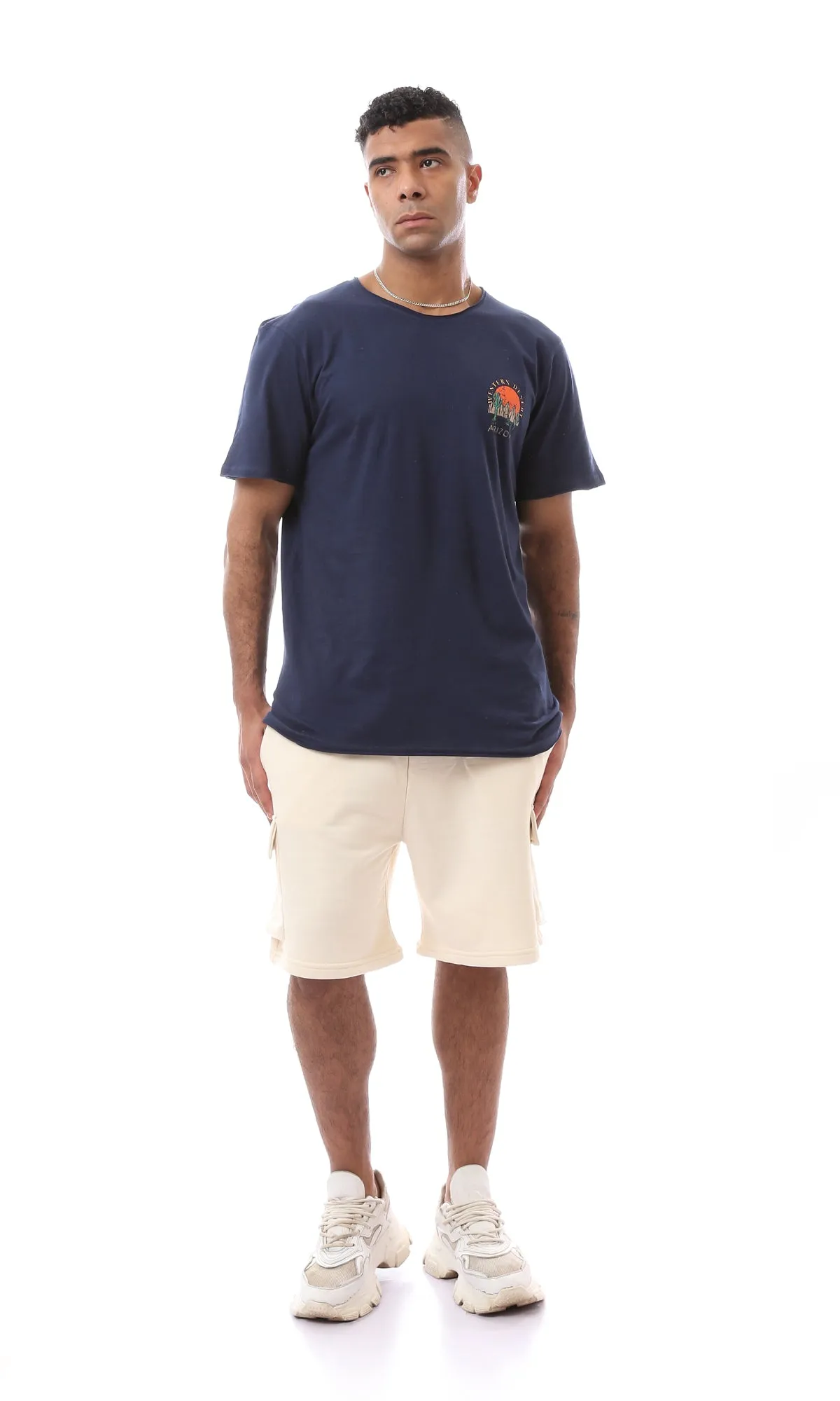 O164611 Fashioned Navy Blue T-Shirt With Front & Back Printed Pattern