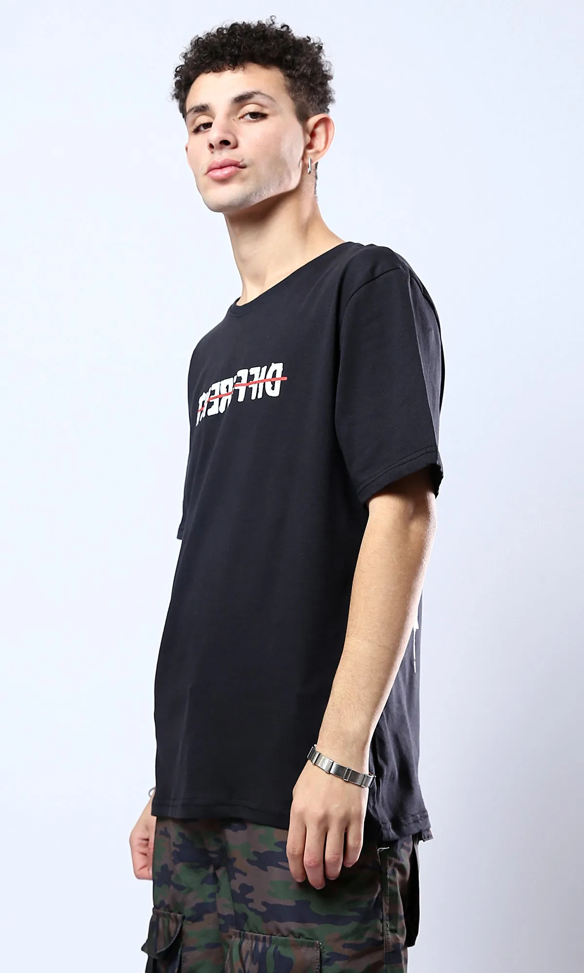 O178962 "Different" Front Print & Back Comfy Tee - Black
