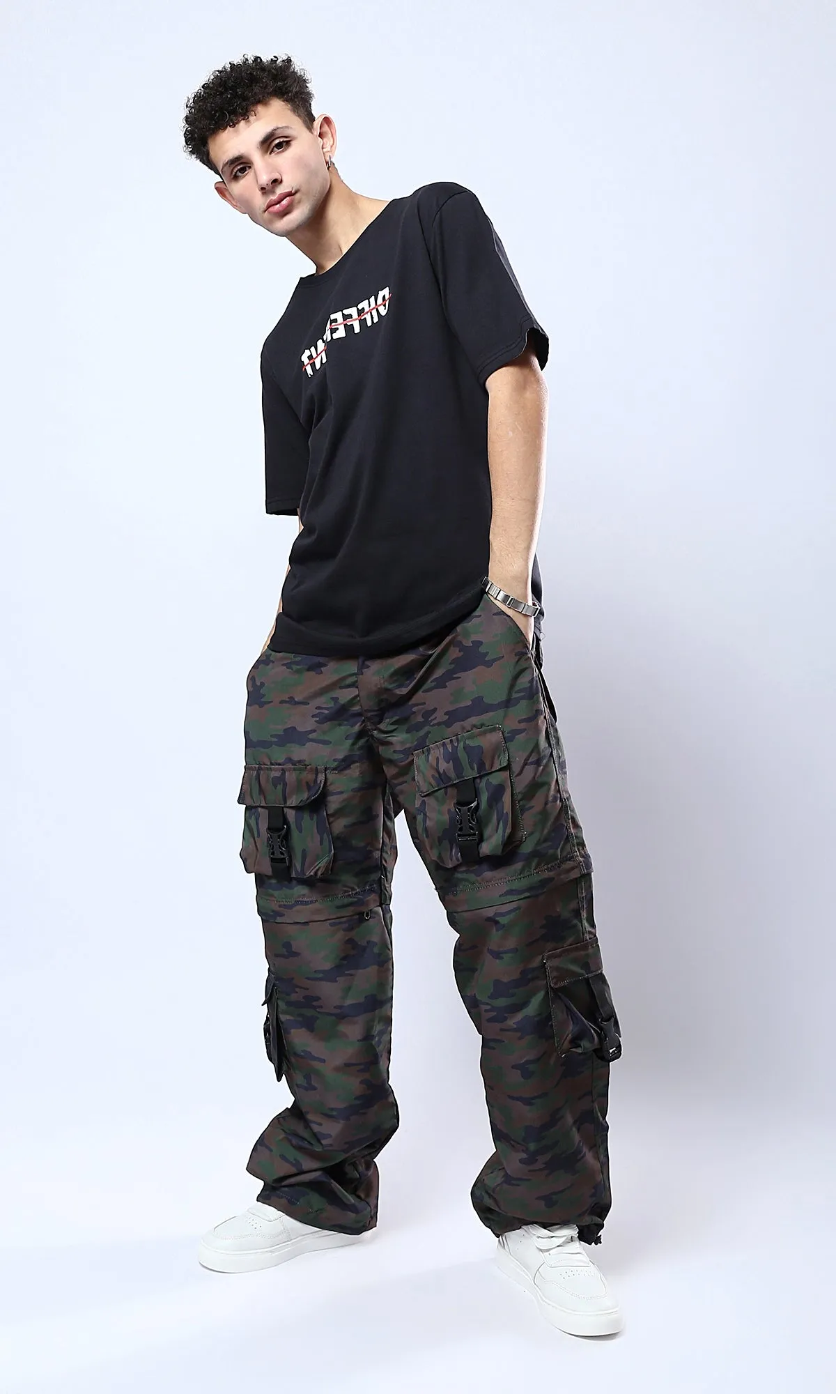 O178962 "Different" Front Print & Back Comfy Tee - Black