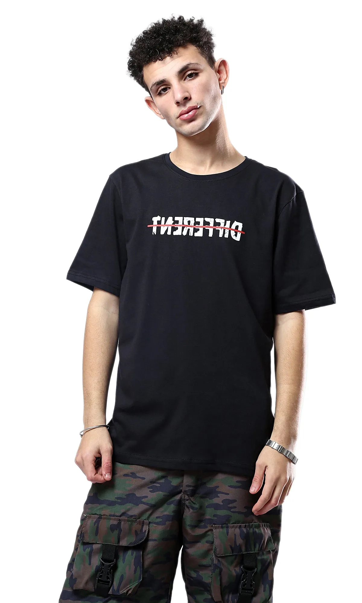 O178962 "Different" Front Print & Back Comfy Tee - Black