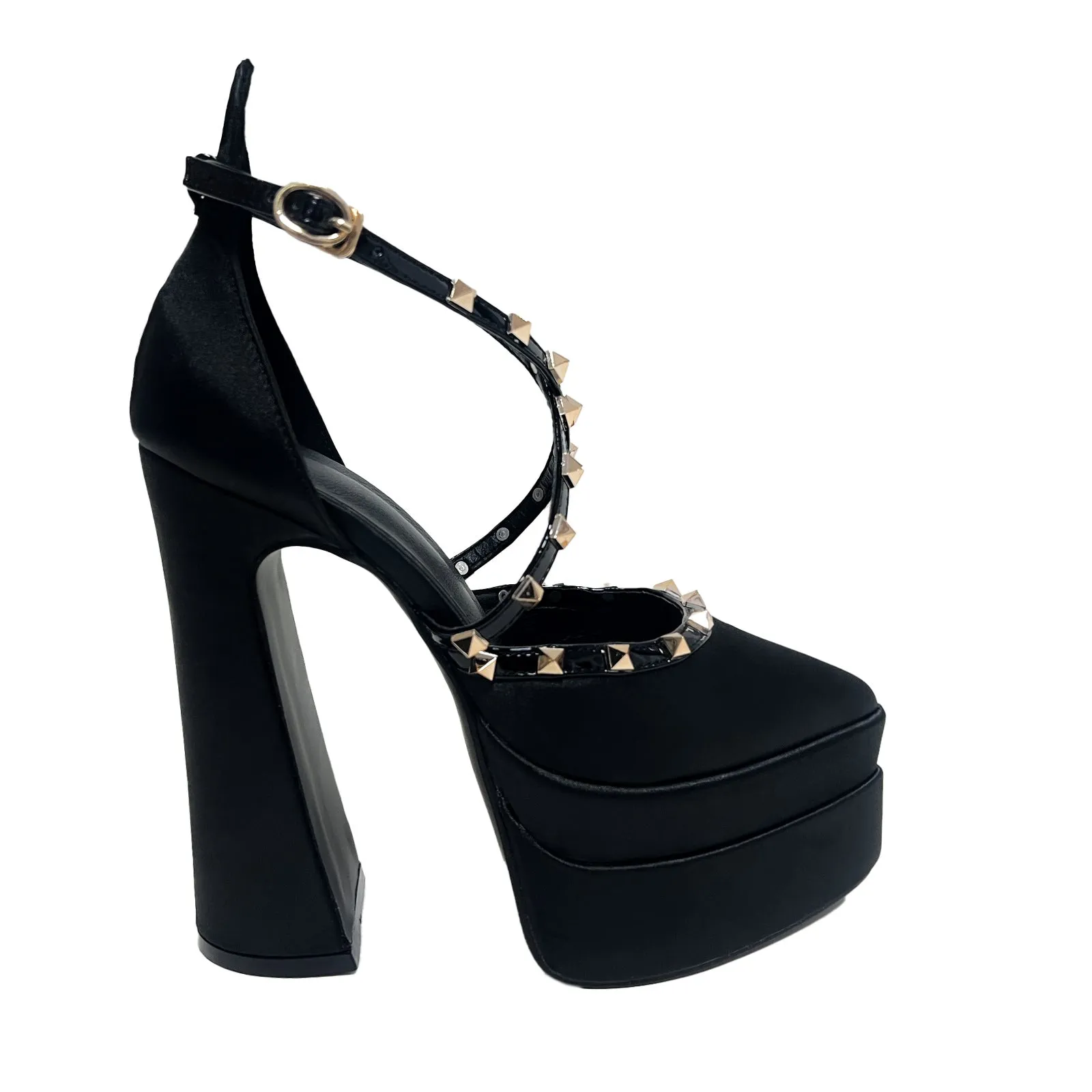 Pointed Rivets Chunky Heel Satin Wedding Cocktail 15cm Double Waterproof Platform with Women Shoes Heels
