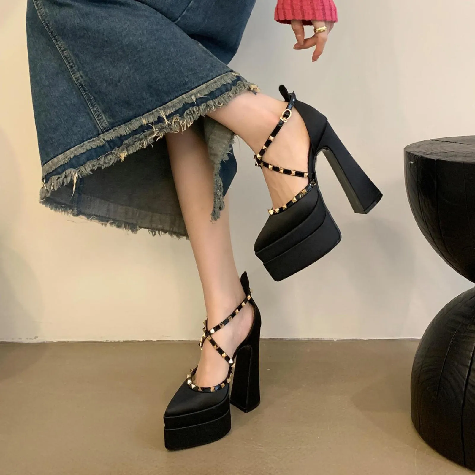 Pointed Rivets Chunky Heel Satin Wedding Cocktail 15cm Double Waterproof Platform with Women Shoes Heels