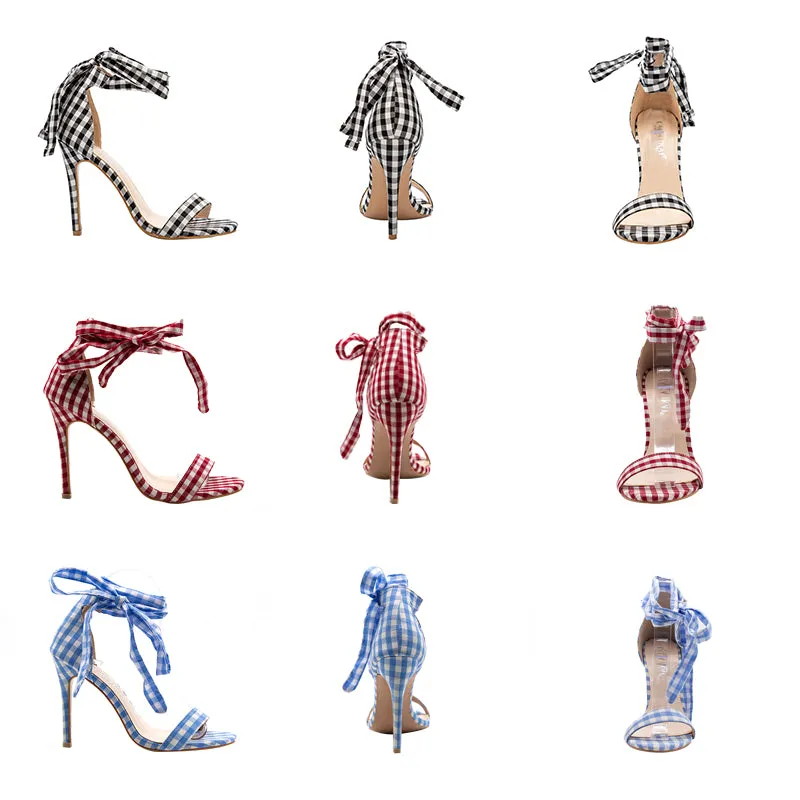 Women's Cross-Tied Plaid High Sandal Heels - Black, Blue, Red